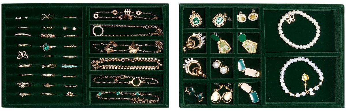 ProCase Sieradenlade Organizer met 2 Sieradenladen, Stapelbare Sieradenlade Organizer, Sieraden Opbergruimte voor Oorbellen en Ringen – Groen