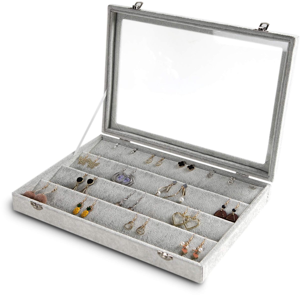 Frebeauty Oorbellen Organizer Tray met Transparante Deksel, 64 Slots, Fluwelen Lade-inzetstuk, Oorbellen Opbergdoos met Glazen Deksel, Sieraden Display Case, Cadeaus voor Meisjes en Vrouwen (Grijs, Oorbellen)