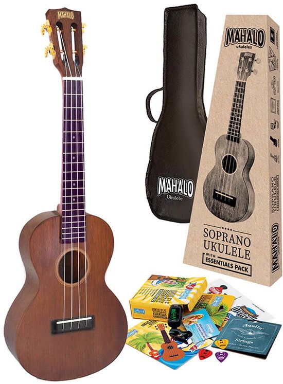 Mahalo Soprano Ukulele met Essentials Pack, inclusief hoes, plectrums en stemapparaat.