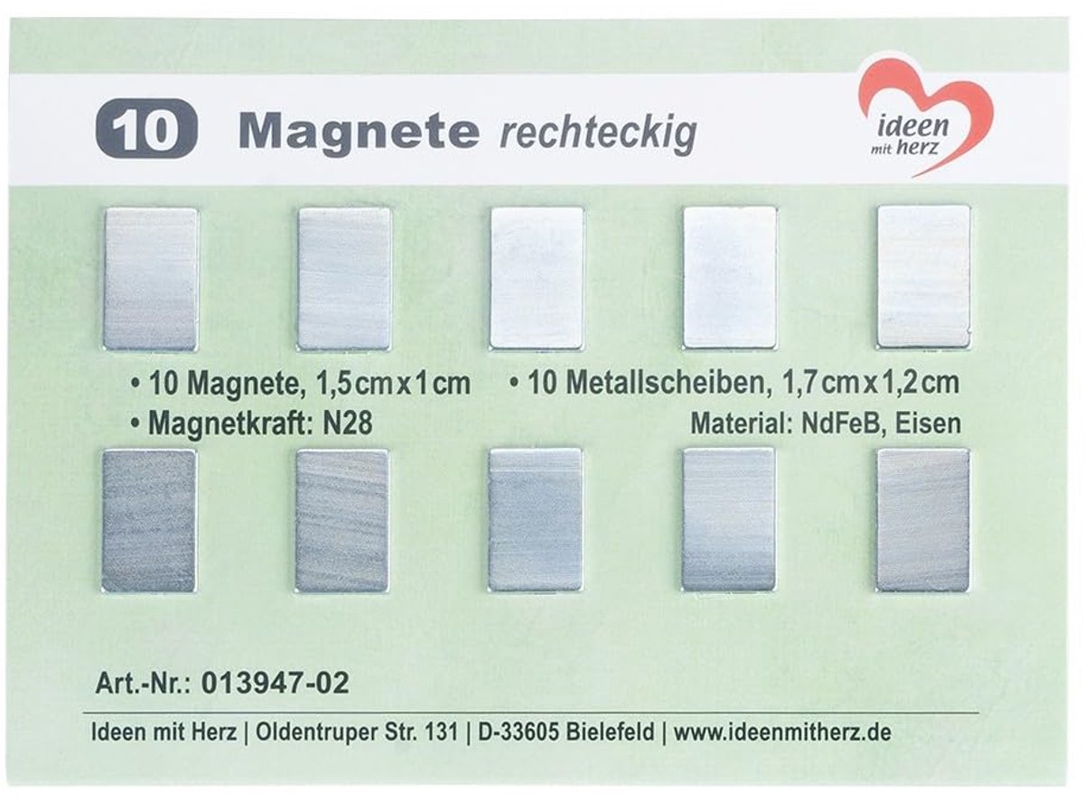Ideeën met hart | Mini rechthoekige magneten | 10 stuks | Kleine platte magneten voor knutselwerkjes | 1,5 cm x 1 cm | 10 metalen schijfjes 1,7 cm x 1,2 cm