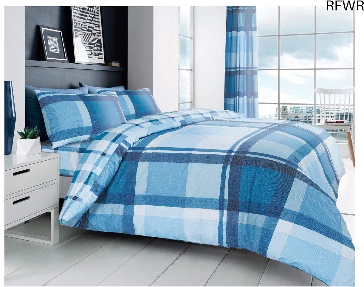 RFWR Omkeerbare Quilt Dekbedovertrek Set met Kussenslopen in Blauw, Dubbel Formaat, 50% Polyester & 50% Katoen
