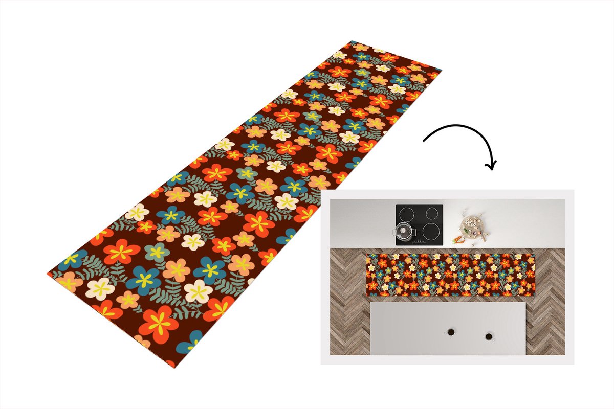KitchenYeah Keukenloper 200x50 cm - Keukenmat vinyl Retro - Patronen - Bloemen - Jaren 70 - Keukenmatten loper - Keuken vloerkleed tapijt