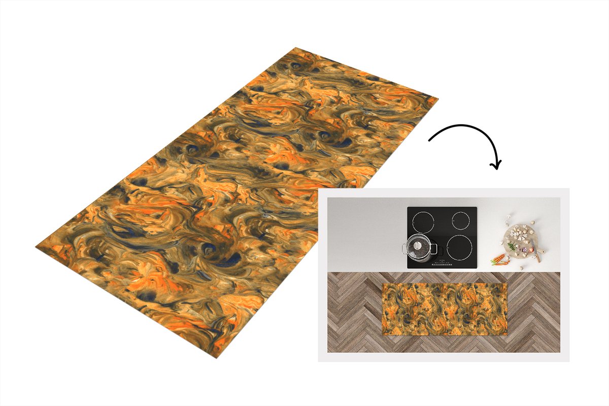 KitchenYeah Keukenloper - Keukenmat vinyl Verf - Bruin - Oranje - Marmer print - Design - Keukenmatten loper - Keuken vloerkleed tapijt, foto 2