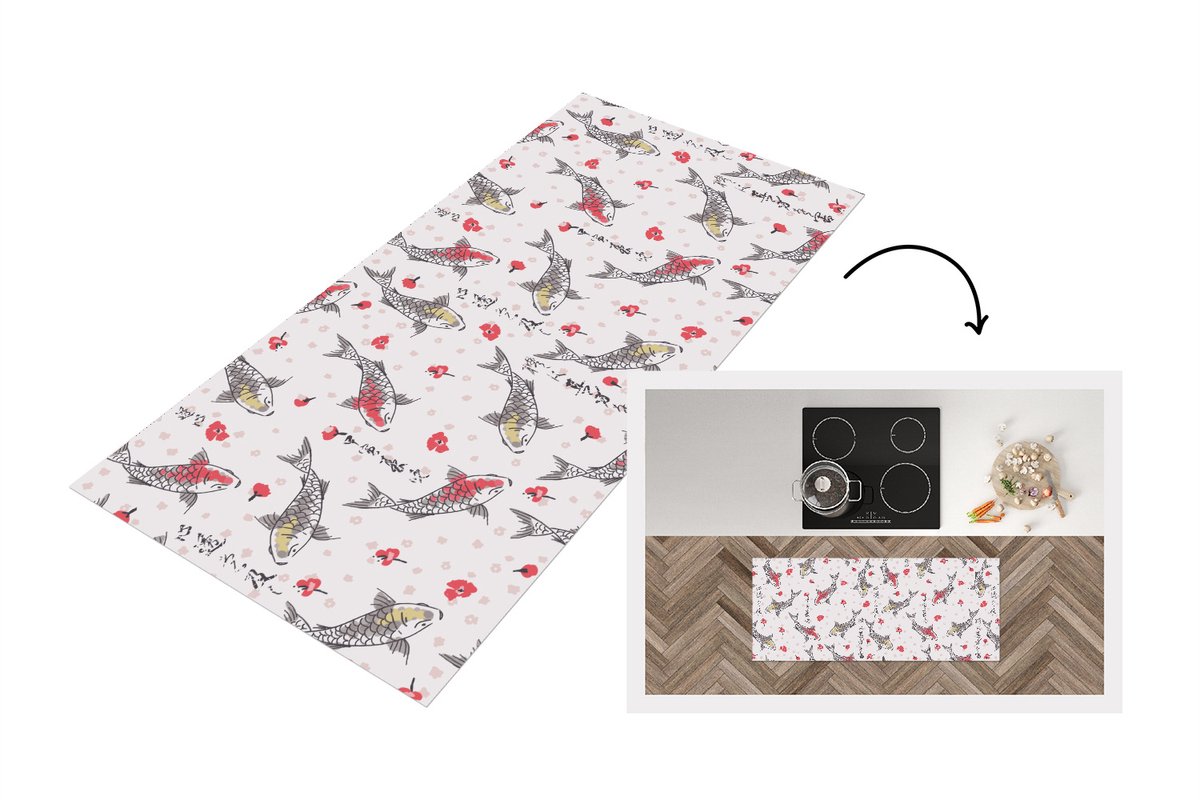 KitchenYeah Keukenloper 120x50 cm - Keukenmat vinyl Vis - Koi - Bloemen - Patronen - Keukenmatten loper - Keuken vloerkleed tapijt Karpers - Patronen