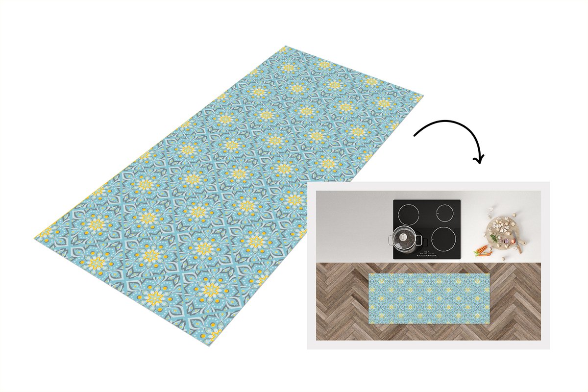 KitchenYeah Keukenloper 120x50 cm - Keukenmat vinyl Bloemen - Boho - Patronen - Mandala - Vintage - Keukenmatten loper - Keuken vloerkleed tapijt Blauw - Vintage