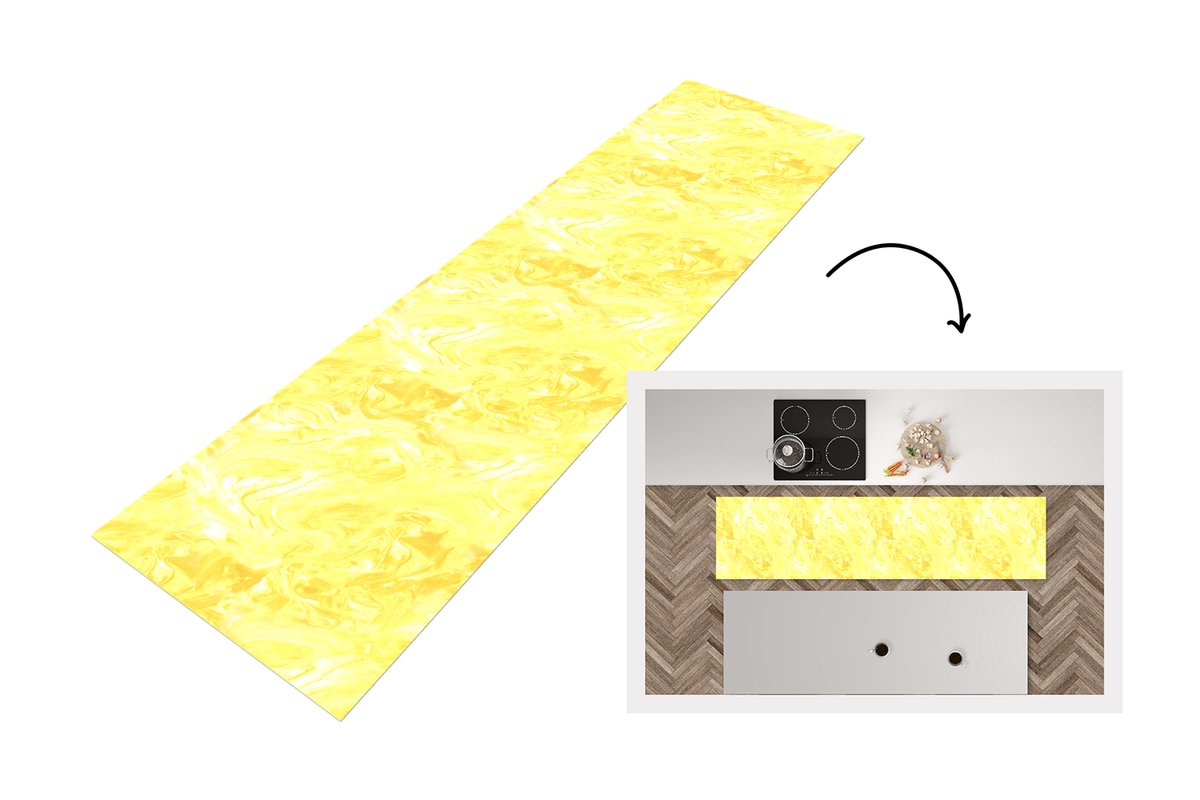 KitchenYeah Keukenloper 200x50 cm - Keukenmat vinyl Geel - Patronen - Marmer print - Verf - Keukenmatten loper - Keuken vloerkleed tapijt
