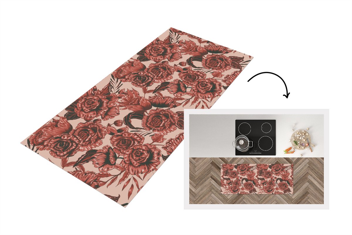 KitchenYeah Keukenloper 120x50 cm - Keukenmat vinyl Roos - Patroon - Bloemen - Keukenmatten loper - Keuken vloerkleed tapijt Rozen