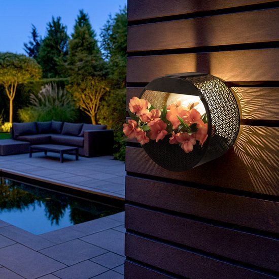 RexTech Solar wandlamp buiten 'Flor' - Rond - Wandlamp met plantenbakje - IP65 - Warm wit licht (2700K) - 20 lumen - Tuinverlichting op zonne-energie