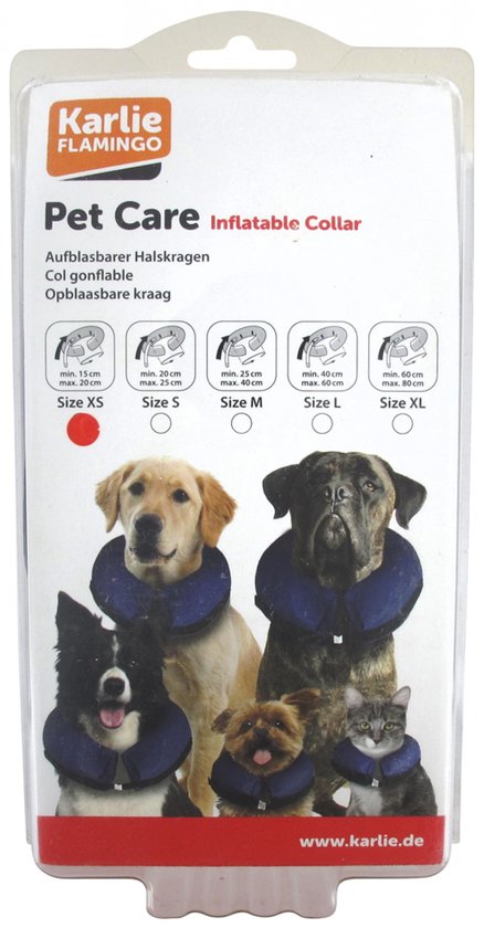 Emballage avec cinq chiens et un chat, tous portant un collier gonflable bleu. Texte : "Karlie Flamingo Pet Care Inflatable Collar".