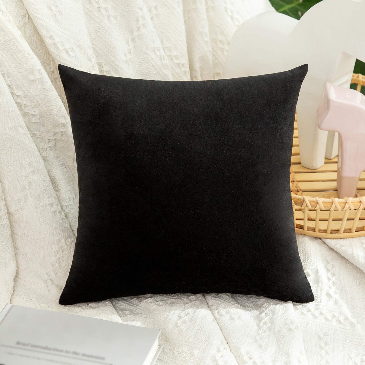 Ibenzoa Decoratieve Fluwelen Kussensloop met Verborgen Ritssluiting voor Huis en Auto, Geen Vulling Zwart