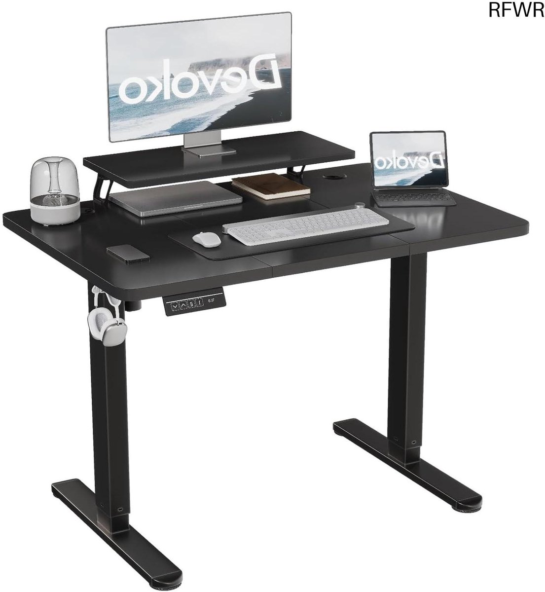 RFWR® Elektrisch In Hoogte Verstelbaar Bureau met Monitor Stand - 120 x 60 cm, Staand Bureau met 2 Geheugenhoogtes, Zwart