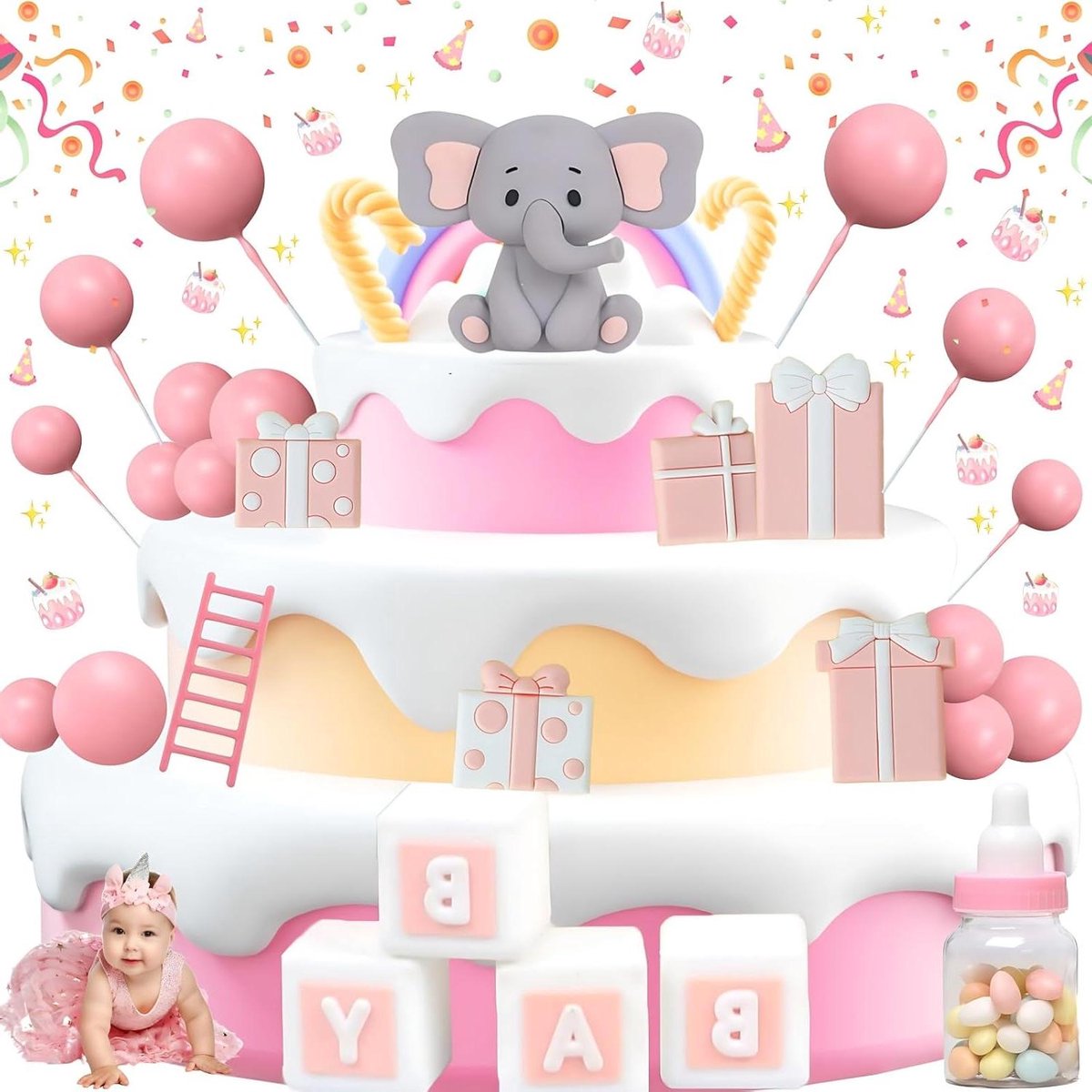 20-Delige Taarttopperset - Olifant Taartdecoratie - Meisjes Verjaardag - Roze Taartdecoratie DIY-Taartdecoratie - Taarttoppers voor Verjaardag - Babyshower Taartdecoratie