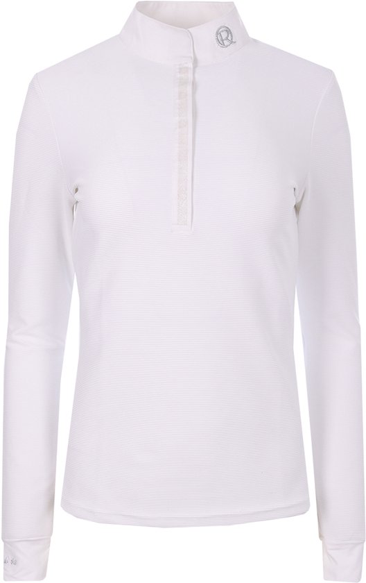 Wit wedstrijdshirt met horizontale ribbels, een opstaande kraag en knoopjes. Logo op de borst.