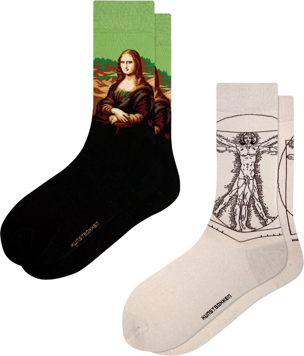 Kunst sokken - Da Vinci 2-pack - Sokken Dames 36 40 - Biologisch Katoenen Sokken - funny socks happy - Vrolijke Sokken - Grappige Sokken - Sokken Cadeau
