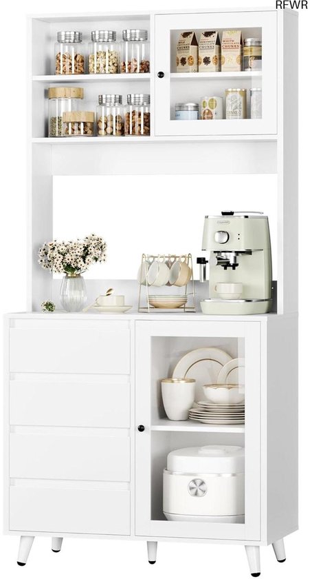 Soweiz Keukenkast met verstelbare planken & wijndrager, hoge kast keukenbuffet met 4 deuren & 2 laden, dressoir voor keuken & woonkamer, buffetkast, 120x40x188 cm (Wit