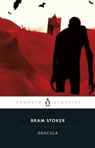 De omslag van het boek Dracula van Bram Stoker, met een grote zwarte silhouet van een man die uit rode, glooiende duinen stapt, met vleermuizen in de lucht.