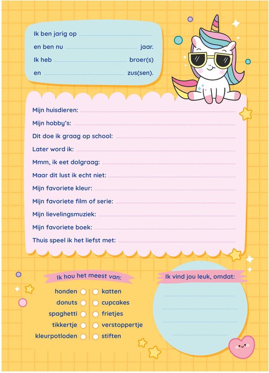Pagina met invulvelden en een kawaii-eenhoorn met zonnebril.