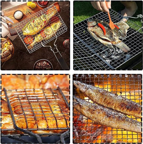 Grille à Poisson Barbecue – Lot De 3, 63x12 Cm, Avec Poignée En Bois, Pour Poissons Entiers