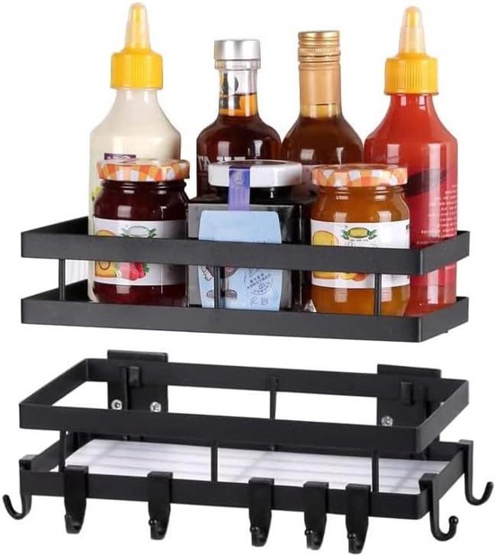 Spice Rack Without Drilling - Black Metal, 2 Levels with 8 Removable ...