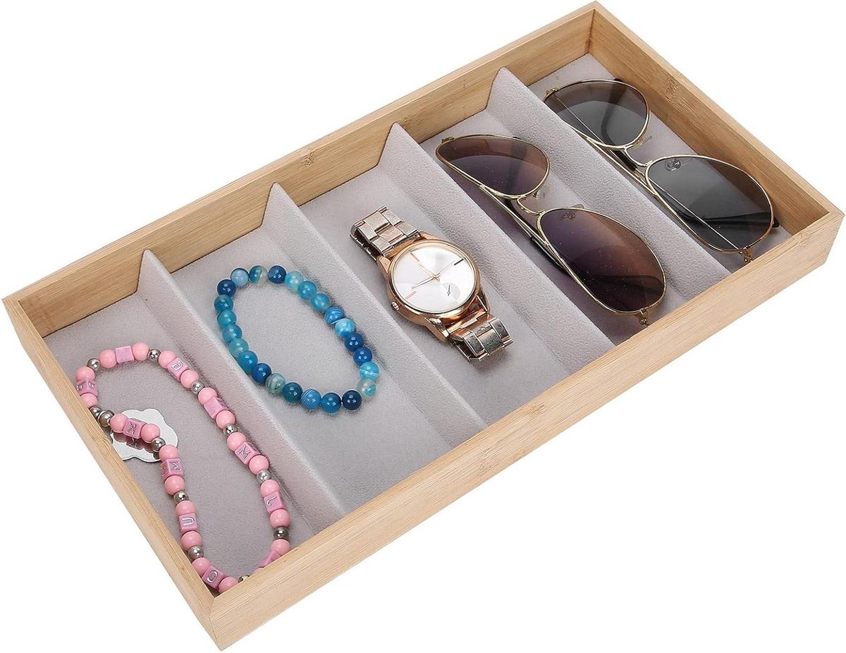 Allecto Plus - Zonnebrilhouder van Hout met 5 Rasters voor Sieraden en Horloges - Krasbestendige Glazendoos voor Winkel - Grijs色