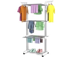 Drying Rack with Wheels Multifunctional 4 Floors Folding Standing Drying Rack Space Saving with Wings for Indoor and Outdoor Use (White Grey)