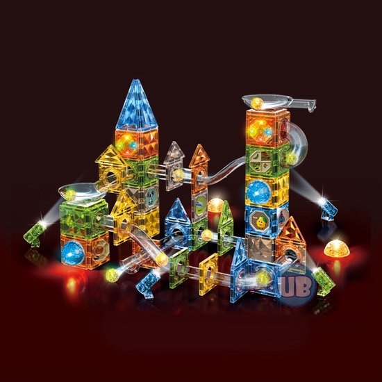 Magnetic Tiles - Knikkerbaan met Discobal en Lichteffect - 174 delig - Magnetische Bouwblokken
