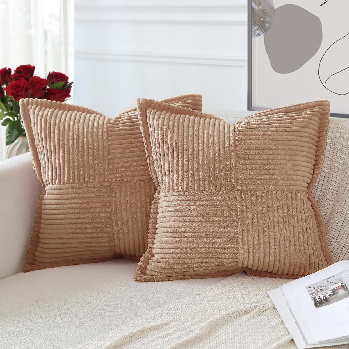 Ibenzoa Set van 2 Corduroy Kussenslopen in Kaki, Zachte Decoratie voor Woonkamer en Slaapkamer