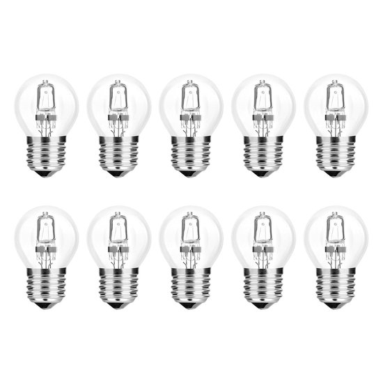Tien transparante halogeenlampen met E27 fitting en zichtbaar gloeidraad.