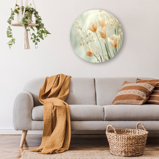 Zacht gekleurde tulpen en takjes - Bloemen wanddecoratie rond - Ronde wanddecoratie tulpen - Japandi - Schilderij forex - Wandkunst voor slaapkamers - muurcirkel forex 100x100 cm