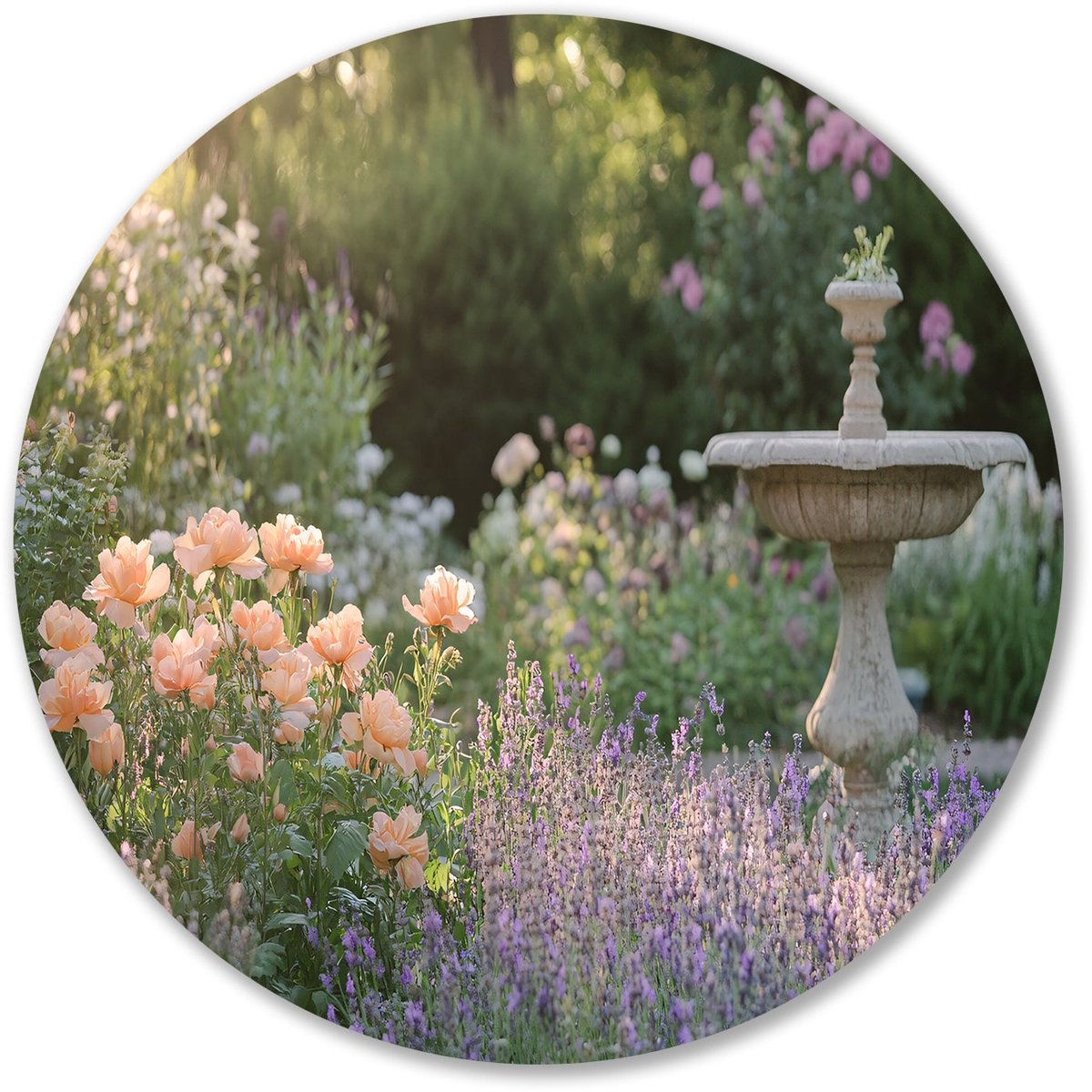 Romantische tuin met bloemen en fontein - Natuur muurcirkels - Ronde wandprint bloemen - I