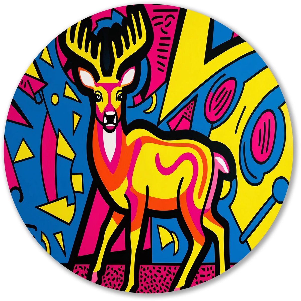 Kleurrijke hert pop-art design - Hert muurdecoratie rond - Wandbord dier - Pop Art - Forex kunstwerk cirkel - Hedendaagse kunst - muurcirkel forex 90x90 cm