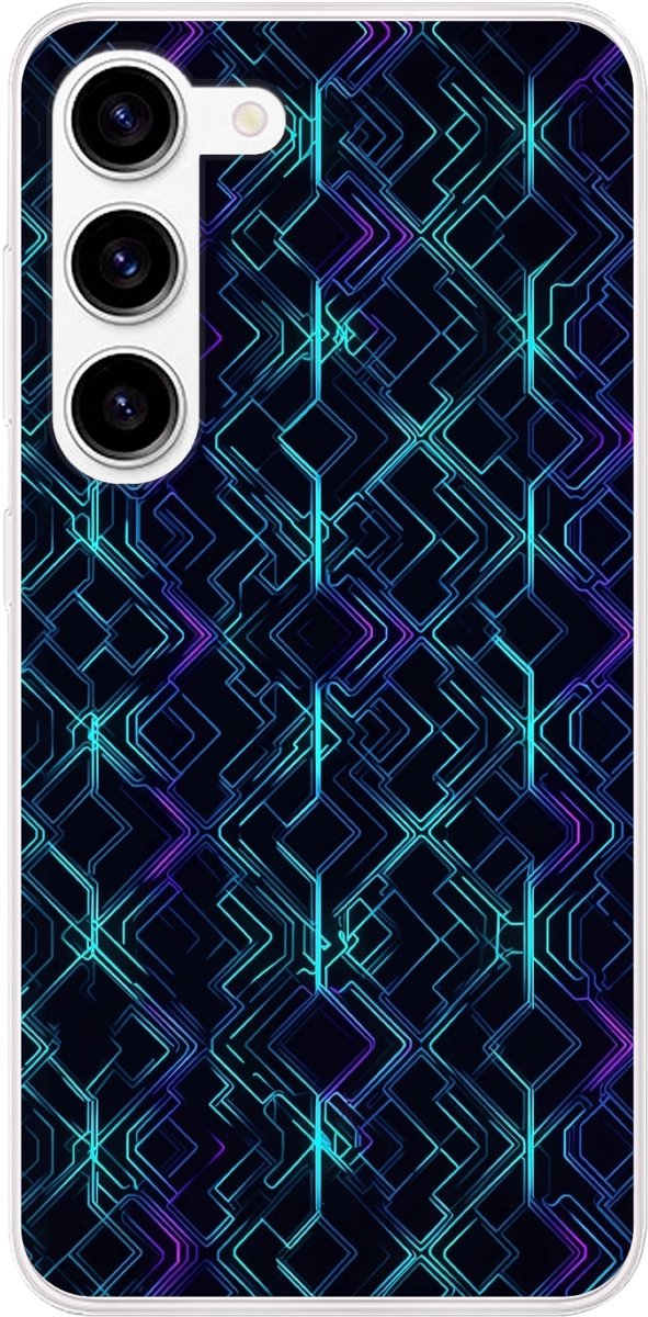 Telefoonhoesje Geschikt voor Samsung Galaxy S23 hoesje - Gaming - Ruitvormen - Abstract - Neon - Paars - Siliconen Telefoonhoesje Telefoonhoesje