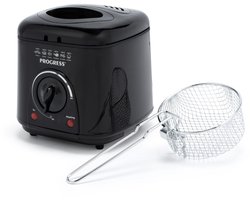 Progress EK2969PBLKVDE Compacte 1L Mini Friteuse - Verwijderbare antiaanbak kookmand, Gemakkelijk te reinigen, Antislip, Instelbare temperatuurregeling, Aanrecht frietpan, Geurreducerend filter, 950W