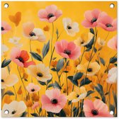 Tuinposter 50x50 cm - Tuindecoratie Bloemen - Veld - Geel - Poster voor in de tuin - Buiten decoratie - Schutting tuinschilderij - Tuindoek muurdecoratie - Wanddecoratie balkondoek