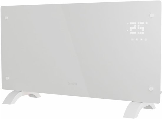 Witte glazen convectorverwarming op witte pootjes, met digitaal display.