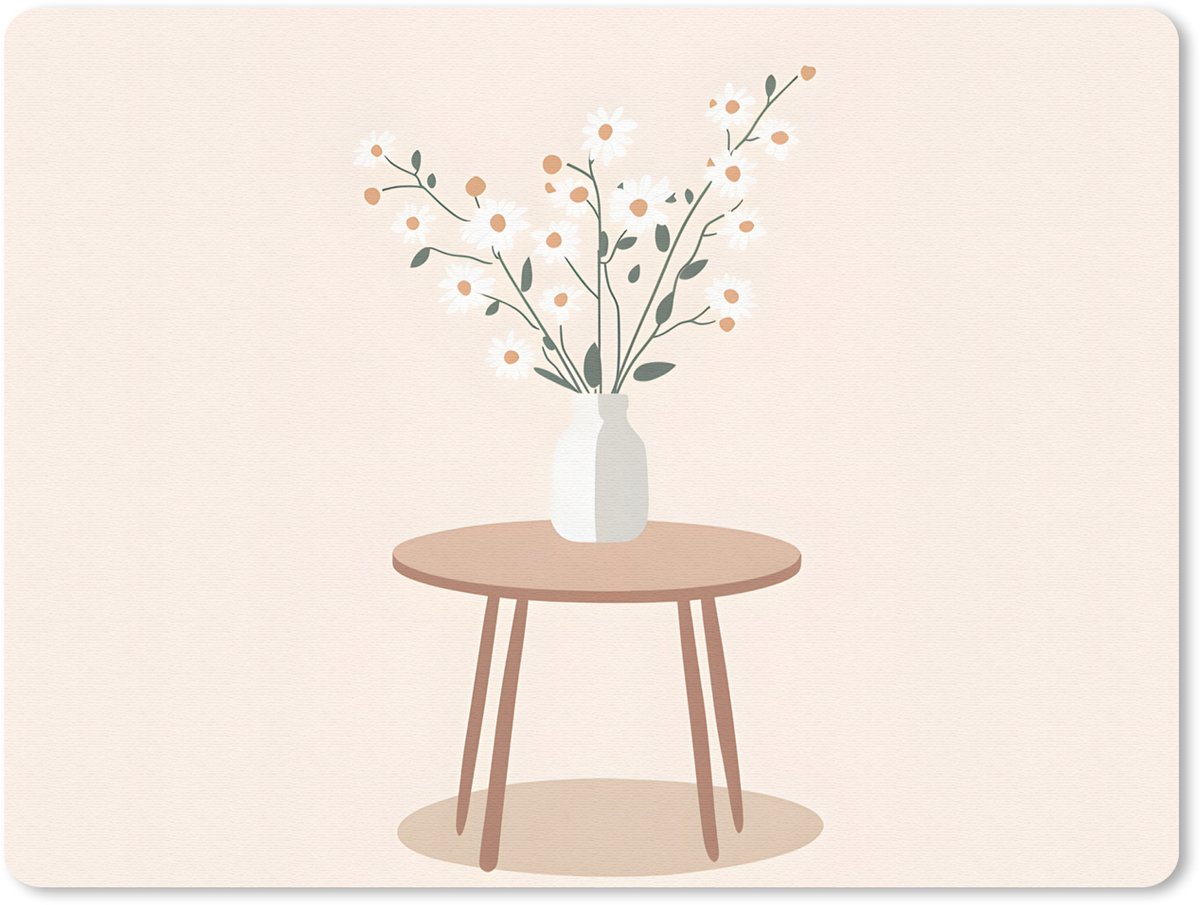 Muismat 23x19 cm - Mousepad Vaas - Bloemen - Madeliefjes - Beige - Muismatten