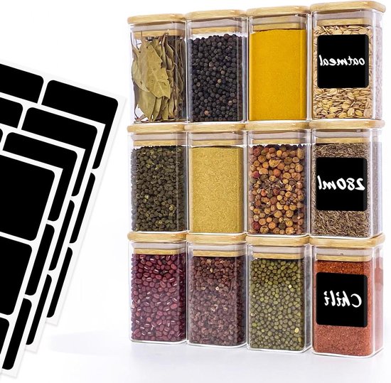 VORHOT Set van 8 x 500 ml voorraaddozen, kruidenpotjes, vierkant, houten deksel, voorraadpotten, glazen container met deksel, klein, stapelbare kruidenpotten, opbergpotten, keuken voor specerijen