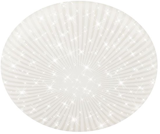 Ronde, witte plafondlamp met een stralend patroon en fonkelende sterren.