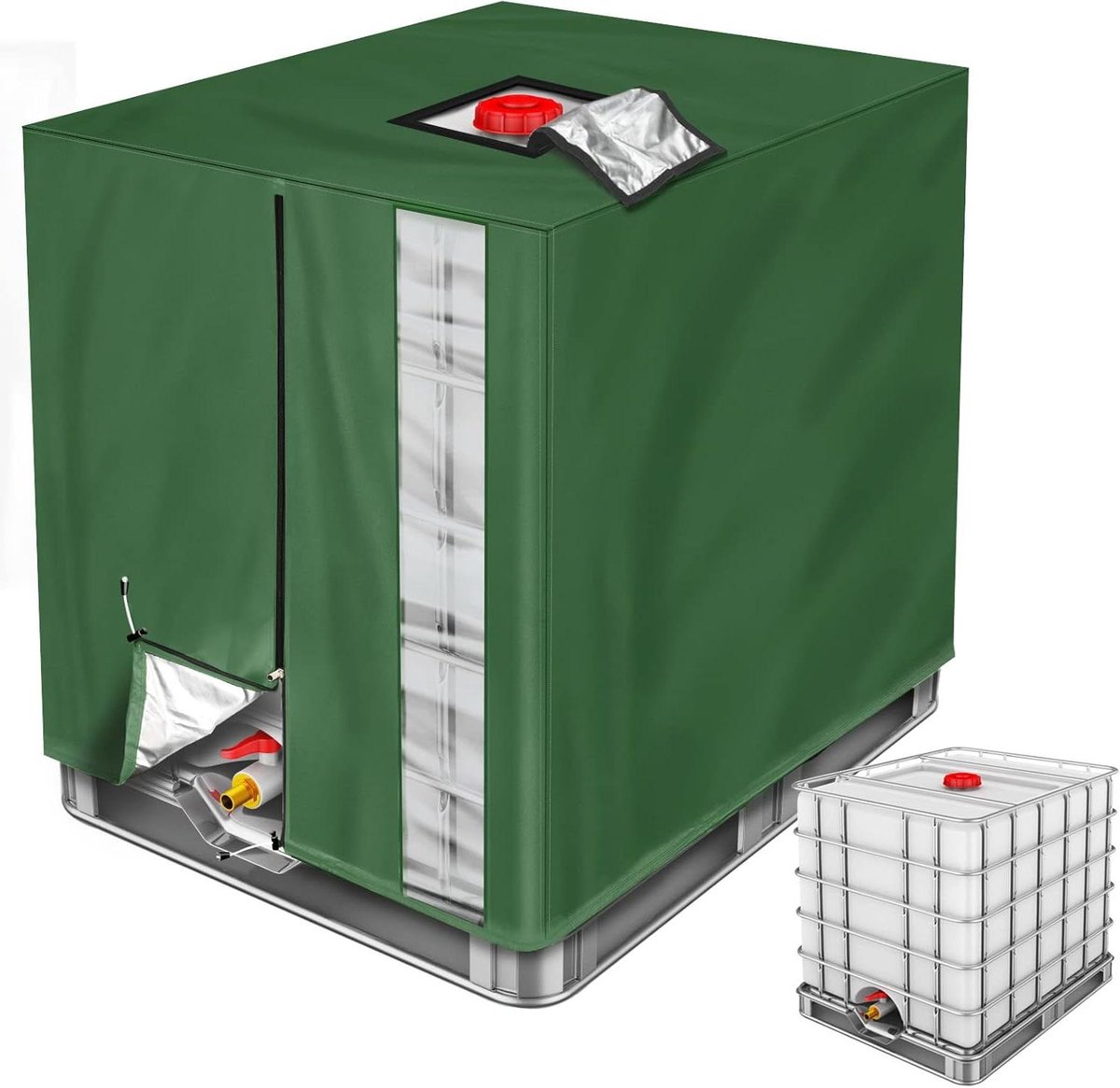 IBC Tankafdekking 1000 liter met kijkvenster | Groen beschermend dekzeil voor regenwatertank | UV-bestendig en waterdicht | Ritssluiting | 120 x 100 x 116 cm | Ideaal voor tuin en terras