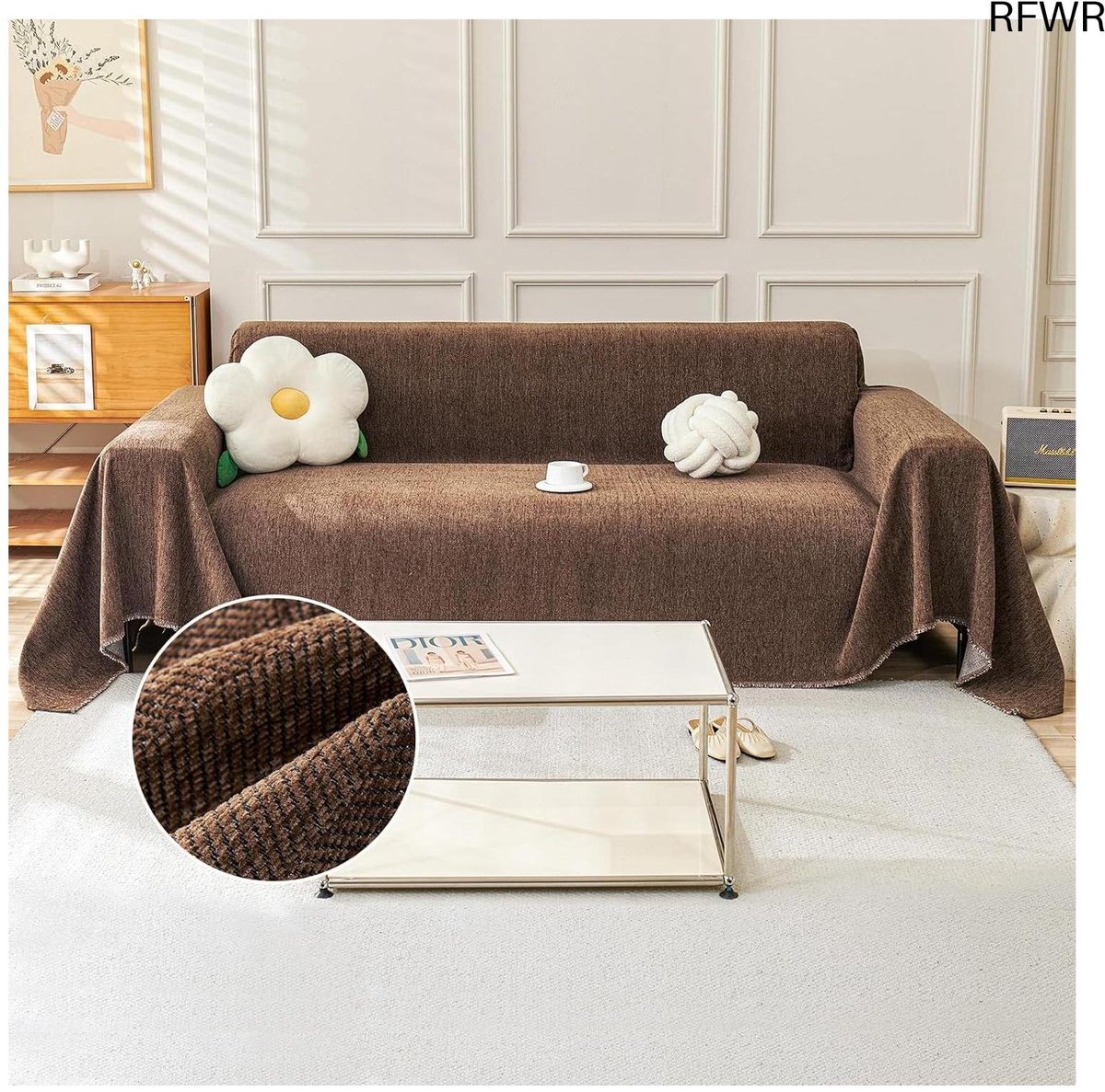 RFWR Visgraat Chenille Bankhoes 2-3-zits - Wasbare L-Vormige Hoes voor Meubels - Meubelbeschermer Koffie 180x300 cm B-visgraat koffie