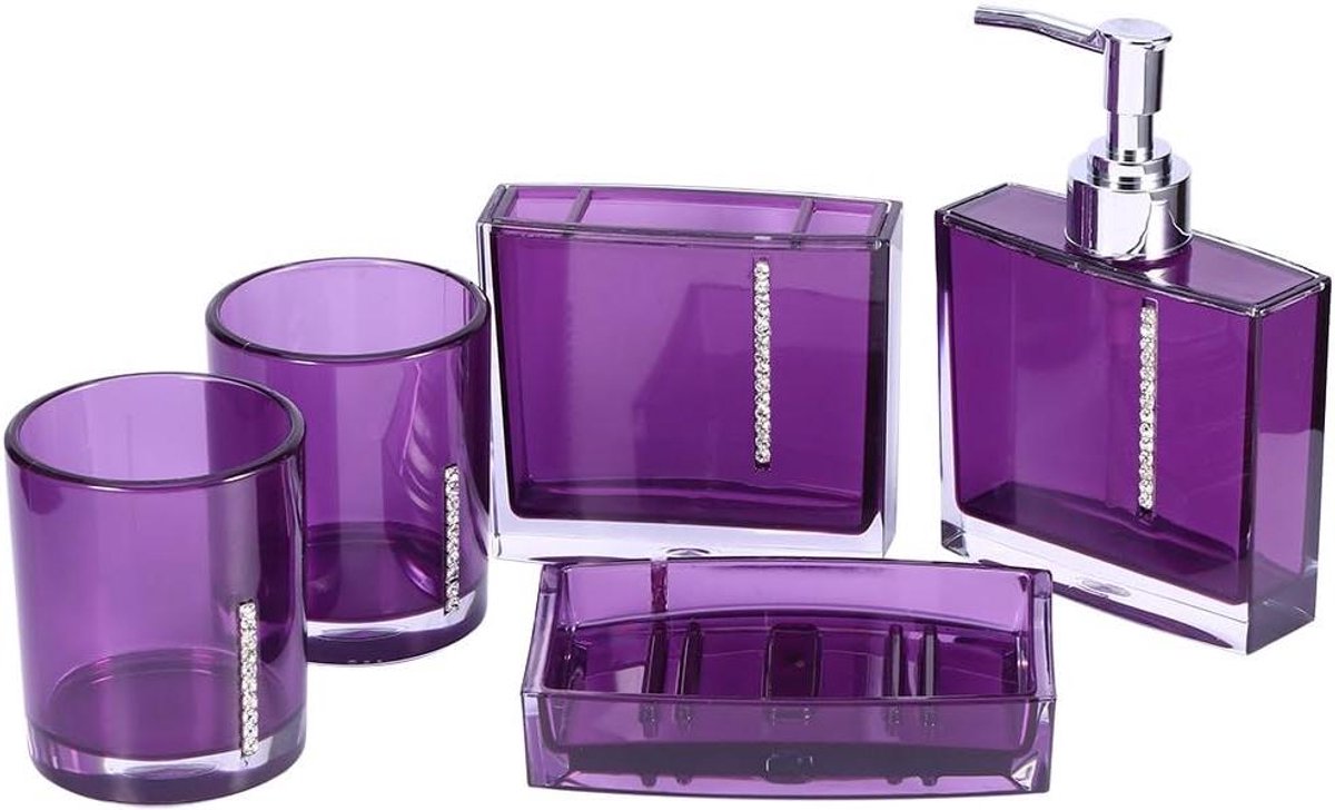 5-delige Acryl Badkamerset in Paars - Badkameraccessoires met Zeepbakje en Dispenser
