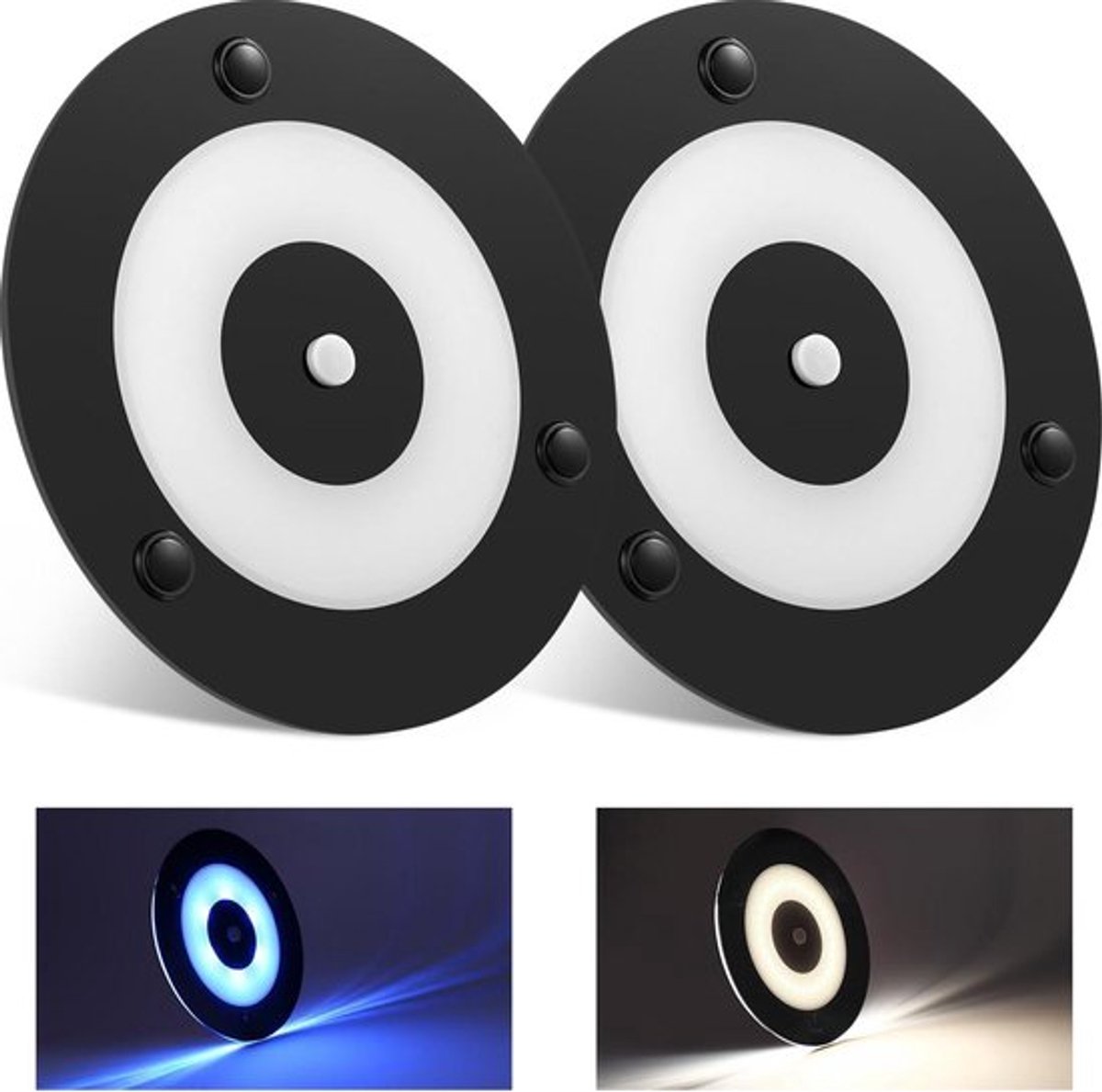 LED Plafondlamp Acryl Schijf Dome Licht met Push Switch & Blauw Nachtlampje - 12V - 120mm - Puck Licht - Zwart Kleur - Dimbaar - Camper Boot Caravan - 2 Pack - 4000K