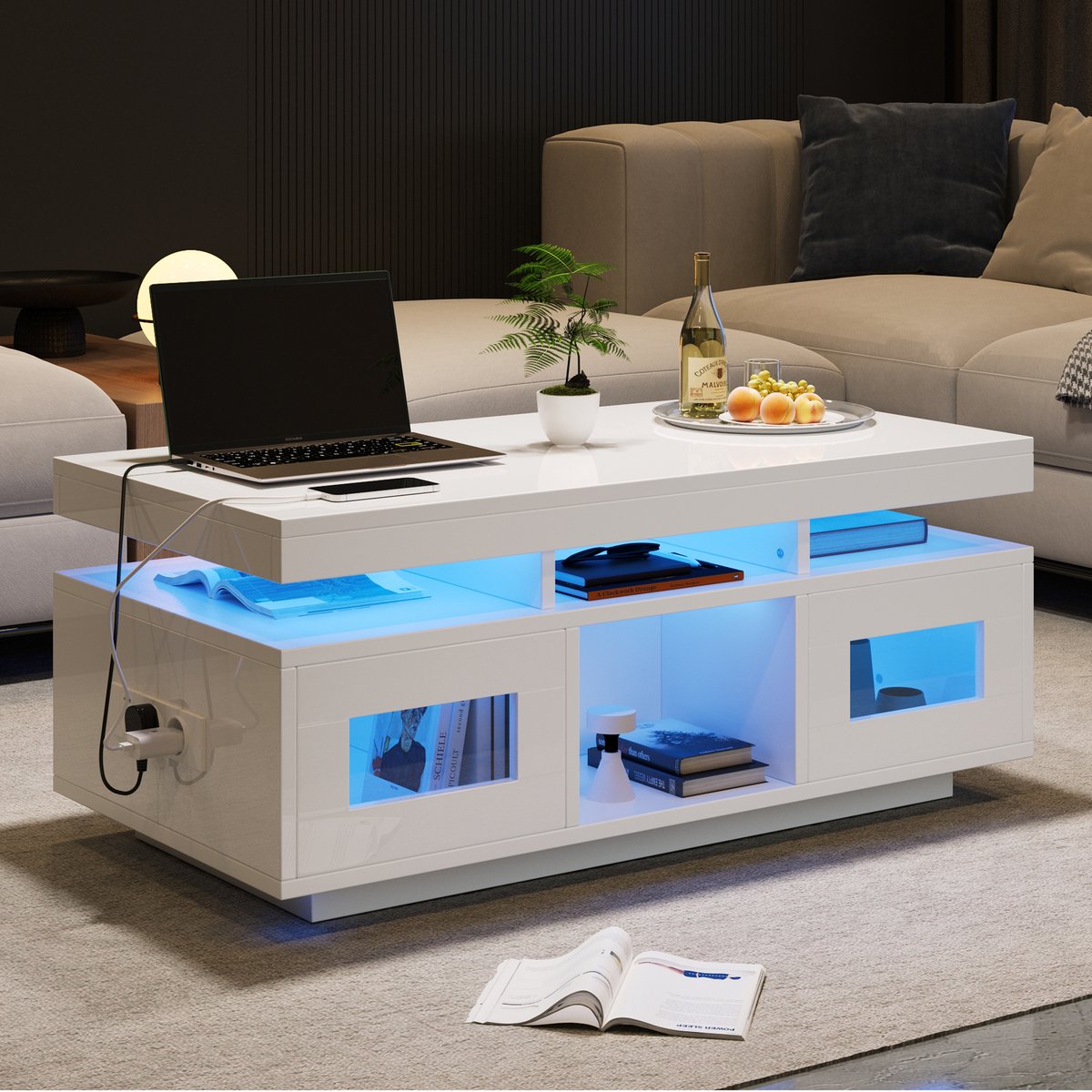 SINGULARITY Salontafel-Hoogglans Serie-100 x 50 x 43 cm-Wit-LED Verlichting-Met oplaadpoort en stopcontact-Opbergruimte