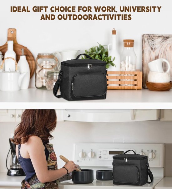 Geïsoleerde lunchtas van 10 liter, grote, lekvrije lunchbox, geschikt voor mannen, vrouwen en volwassenen, met verstelbare schouderriem, ideaal voor werk, strand, picknick, kamperen en andere gelegenheden (zwart) van Merkloos — afbeelding 5