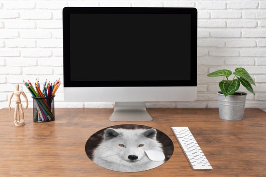 Muismat rond 50x50 cm - Mousepad Wolf - Wit - Portret - Ronde muismatten