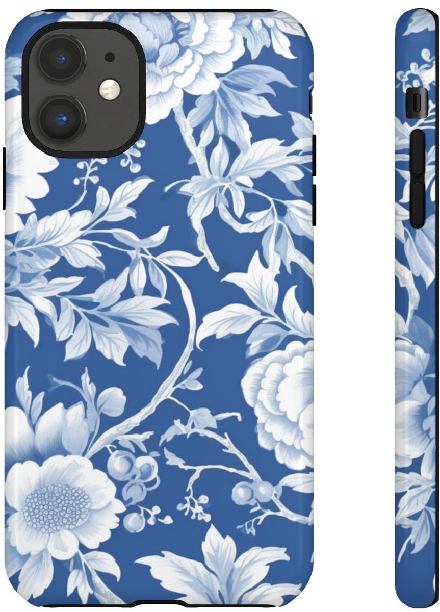Blauw-Wit Bloemenpatroon – Telefoonhoesje Geschikt voor iPhone 11