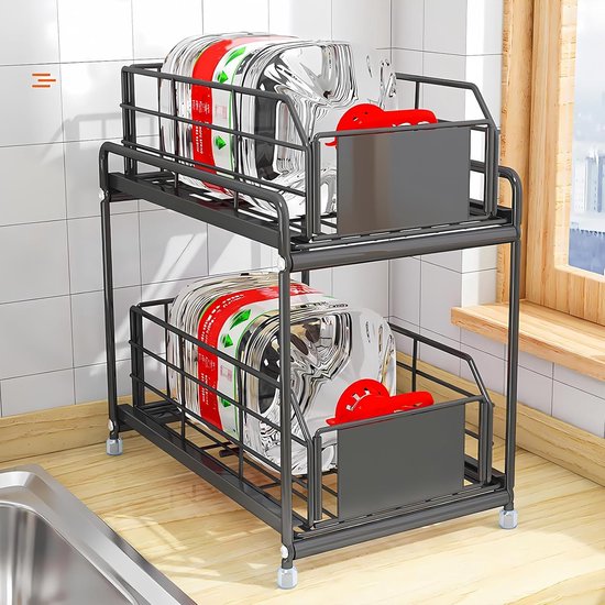 2 Lagen Opbergmand GEMWON Keukenorganizer Met 2 Niveaus, Schuifbaar Onder De Gootsteen, Multifunctioneel Badkamerrek, Schuifmand Aan De Onderkant, Zwart, 2 Stuks Voor Schoonmaakmiddelen