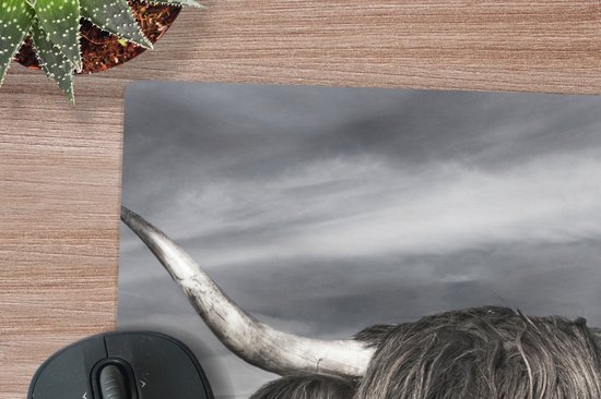 Muismat XXL 80x80 cm - Bureau onderlegger - Bureau mat Schotse hooglander - Portret - Zwart - Wit - Dier - Wild - Natuur - Bureaumat - Gaming mousepad xl - Bureaulegger groot - Computer deskmat