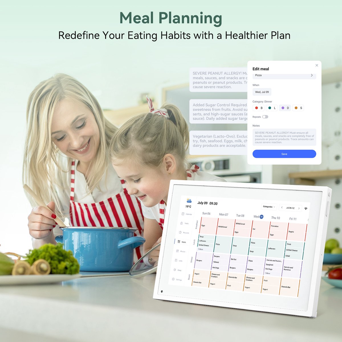 TABWEE P10 10,1" Digitale fotolijst WiFi- Smart Touchscreen - Digitale Fotolijst-Gezinsrooster & Takenlijst & Maaltijdplanner - Interactief Display met Bureaustandaard-Wit thumbnail 6