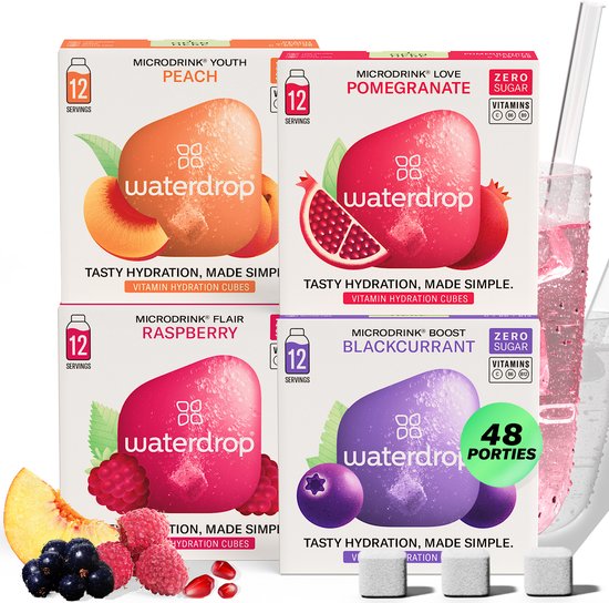 waterdrop® Microdrink Proefpakket – 48 Bruistabletten in 4 Smaken (Framboos, Cassis, Perzik & Granaatappel) – Suikervrij, Met Vitamine B6, B12 & C, Vegan & Glutenvrij – Minder Plastic, Meer Smaak